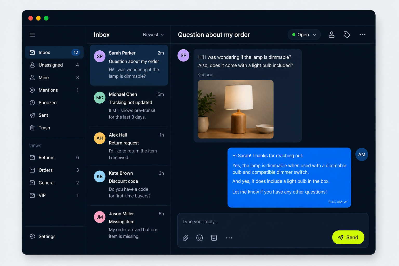 A conversation thread with visitor context beside the inbox